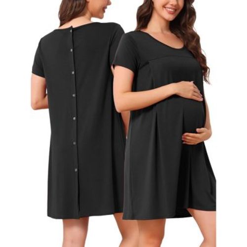 INSPIRE CHIC Women's Maternity Short Sleeve Nursing Sleep Dress Postpartum Breastfeeding Nightgown with Back Button Medium Black