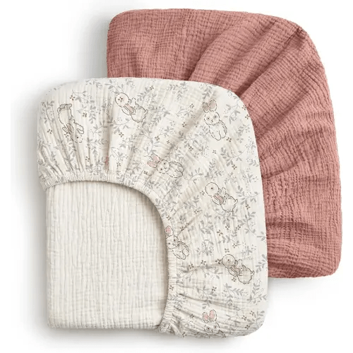 Blissful Diary Muslin Mini Crib Sheets, 2 Pack, Blush Bunny Floral & Pink