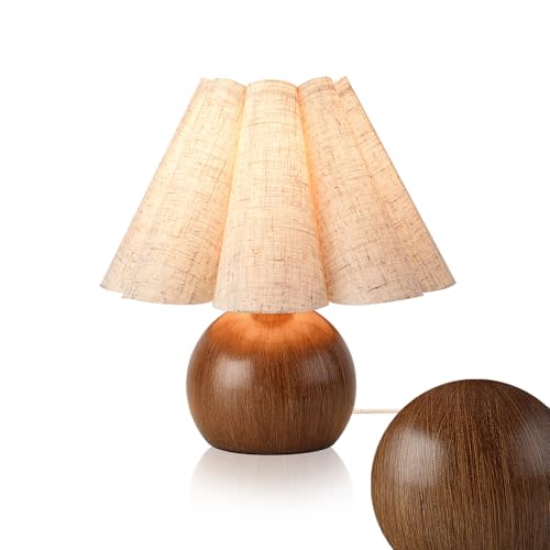 Farmhouse Cute Small Table Lamp, Wood Grain Vintage Table Lamps for Bedroom Nightstand, Cute Mini Bedside Small Table Lamps for Small Spaces with Scalloped Shade for Kitchen Counter, Bookshelf