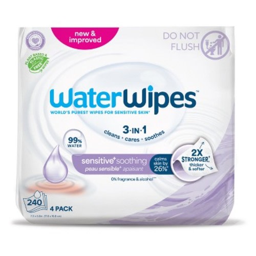 WaterWipes Sensitive+ Soothing Wipes, 3-In-1 Cleans,Soothes, 99% Water with Botanical Extract, Unscented & Hypoallergenic Baby Wipes, 240ct