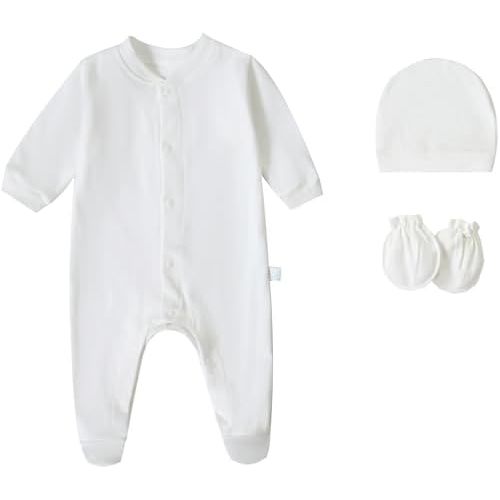 Baby Rompers 0~3 to 3-6 Months 100% Cotton Footies 3PCS Jumpsuit with Solid Hats Mittens Gloves