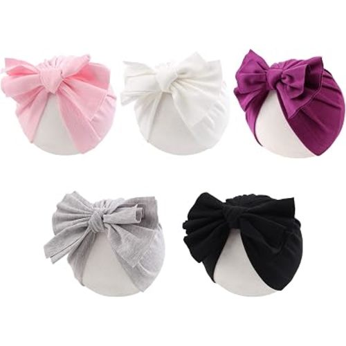 PESAAT Baby Girl Turban Newborn Beanies Hat 5 Pieces Cotton Infant Girls Headwraps Toddler Kids Hats 0-3 Years