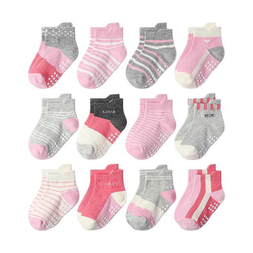 Hudaneo 12 Pairs Baby Toddler Kids Girls Boys Cotton Ankle Socks Non Slip Grip, Premium Cotton Soft Breathable Grips, Elastic Cuffs, Unisex Wear