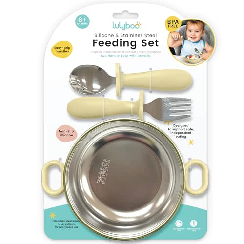 Lulyboo Stainless Steel & Silicone Toddler Feeding Bowl Set - Double-Layer Insulated, Non-Slip Base, Removable Insert, Easy-Grip Fork & Spoon for Easy Self-Feeding, Essential for Babies 6 Months+
