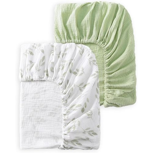 TADO MUSLIN Baby Crib Sheets 2 PCS, 100% Organic Cotton Crib Sheet for Standard Crib Mattress(52”x 28”), Fitted and Soft Breathable Muslin Crib Mattress Sheet for Girl and Boy (Leaves, Green)