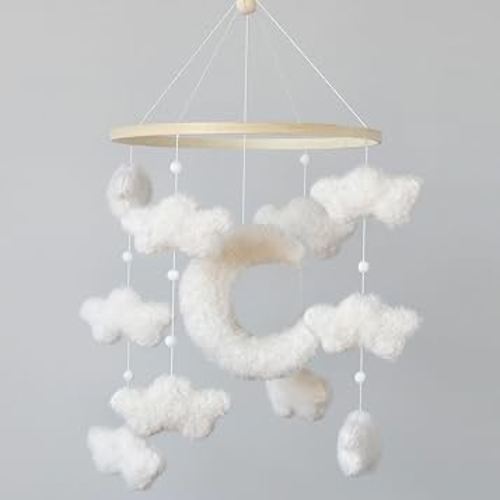 Boucle Cloud Moon Crib Mobile Boho Baby Mobile for Crib Neutral Nursery Mobile for Boys & Girls