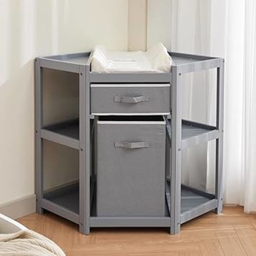 GarveeLife Corner Diaper Changing Table, Baby Diaper Changing Station with Storage Drawer and Laundry Hamper, Multi-Functional Changing Table Organizer with Pad for Newborn Infant, Gray