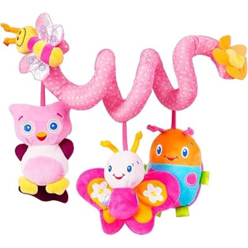 Jollybaby Crib Stroller Car Seat Toys for Baby 0-3-6-9-12 Months, Tummy Time Hanging Sensory Toys for Newborn with Music Box and Teether, Spiral Carseat Toy for Infant Boys Girls Gifts (13-Pink)