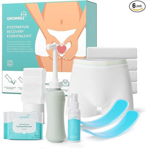 Grownsy Postpartum Essentials Recovery Kit for Labor & Delivery | Postpartum Kit for Women | Includes Upside Down Peri Bottle, Perineal Spray, 28 Cooling Pad Liners,2 Ice Packs &4 Disposable Underwear