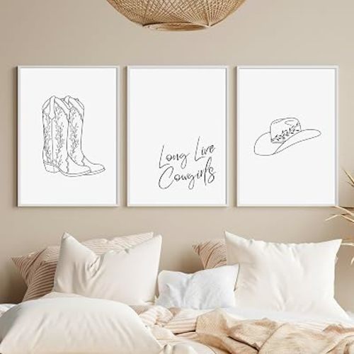 Black and White Western Cowboy Wall Art Black White Cowgirl Canvas Art Posters Vintage Cowboy Hats Boots Wall Decor Minimalist Pictures Prints Paintings for Bedroom Dorm 16x24 inch Unframed Set of 3
