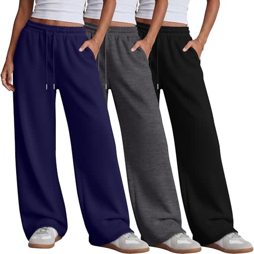 Neer 3 Pack Women's Wide Leg Baggy Sweatpants with Pockets | Cozy Lightweight Sweat Pants, Stretchy Elastic Waist Drawstring Pants, Athletic Pull-on Slacks, Lounge Workout Clothes