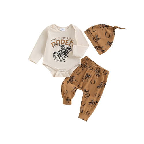 Qtinghua Western Baby Boy Clothes Fall My First Rodeo Outfit Long Sleeve Romper Pants Set Hat 3Pcs Newborn Cowboy Outfits