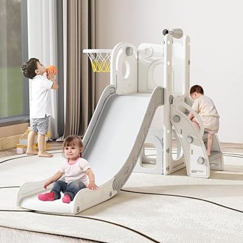 kinbor 6 in 1 Toddler Slide PlaySet - Indoor Outdoor Fun for Kids Ages 1-3, Includes Basketball Hoop, Telescope, Storage & Climber, Safe, Sturdy Baby Slide for Backyard Playground, White+Gray