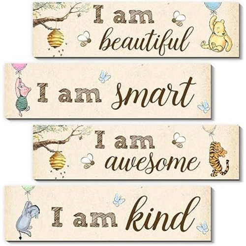 BirtDerr 4Pcs Winnie Baby Stuff, Winnie Bedroom Wall Decor, Adorable Pooh Sign for Room-the Pooh Nursery Decor-Baby Shower Decorations(Classic)