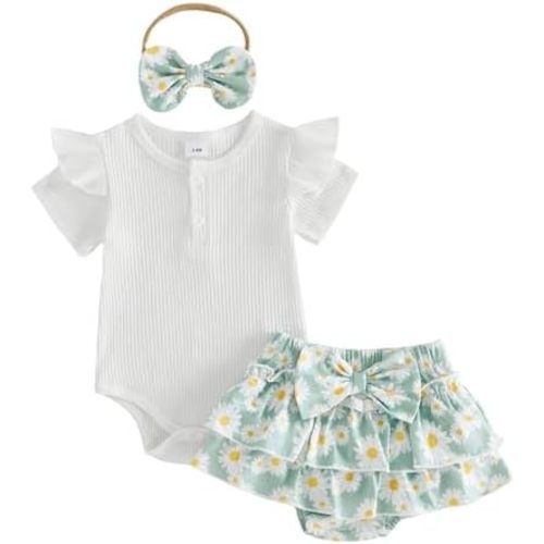 fhutpw Newborn Baby Girl Clothes Ribbed Sleeve Romper Top Leopard Ruffle Shorts Bow Headband Infant Summer Outfits 0-18M
