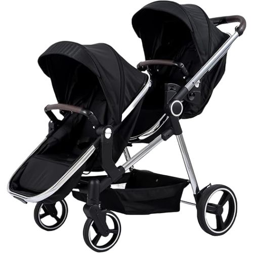 Double Stroller for Twins Infants and Toddlers, Foldable Tandem with 5-Point Safety Harness, Convertible Twin to Single Stroller, Compact Lightweight Design Ages 0-3 Years
