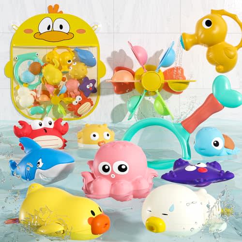 Mold Free Baby Bath Toy for Kid Ages 1-3 with Sealed & No Holes Design | Sensory Floating Ocean Animal Toys 6M+ with Wind-up Animals, Storage Bag, Fishing Net, Seahorse Watering Can & Water Windmill
