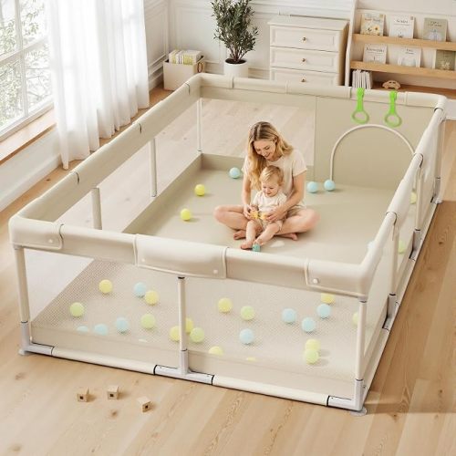 Uanlauo Beige Small Baby Playpen - 47x47in Playpen for Babies and Toddlers | Safe Indoor Play Pen, Baby Pen with Side Storage Bag and Breathable Mesh, Playard with 2 pull-up rings, Anti-slip Suction Cup
