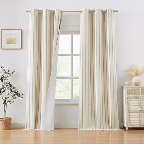 Natural Striped Full Blackout Window Curtains 84 Inches Long