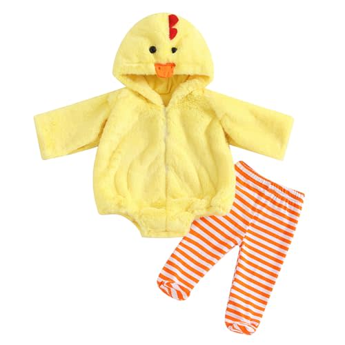 Twopumpkin Baby Chick Halloween Costumes Cute Infant Toddler Girl Boy Duck Costume Cape Sleeve Fuzzy Romper+Striped Leggings