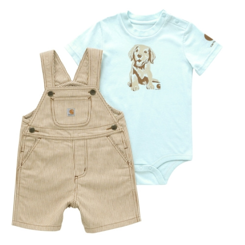 Infant Boys Puppy Short Sleeve Bodysuit & Twill Stripe Shortall - Two Piece Set