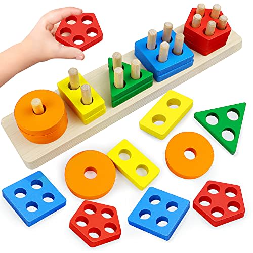 Montessori Toys for 2 to 3-Year-Old Boys Girls Toddlers, Wooden Sorting & Stacking Toys for Toddlers and Kids Preschool, Educational Toys, Color Recognition Stacker Shape Sorter, Learning Puzzles Gift
