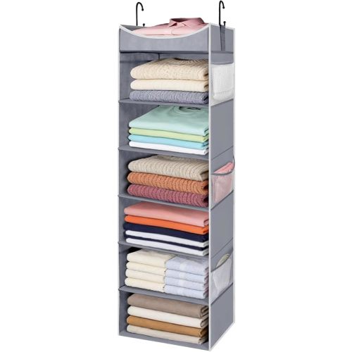 6-Shelf Hanging Closet Organizer and Storage with Side Pockets, Collapsible Closet Hanging Shelves for Storage, Grey