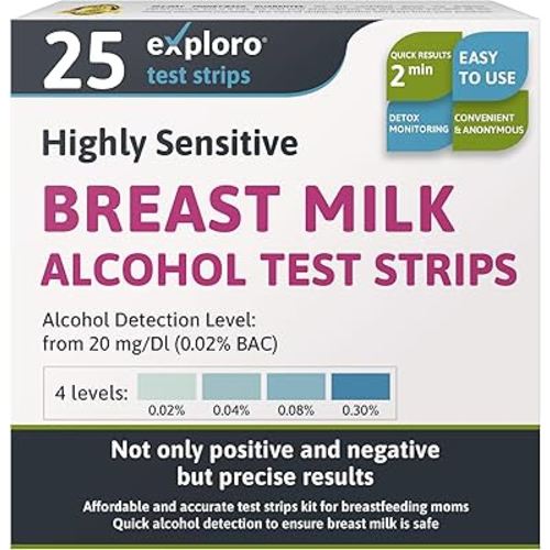 Exploro Breast Milk Alcohol Test Strips for 20 mg/dl, Breastmilk Alcohol Testing Strips for Mother's Milk, Alcohol Test Strips for Breastmilk Get Instant Results in 2 Minutes (Pack of 25)