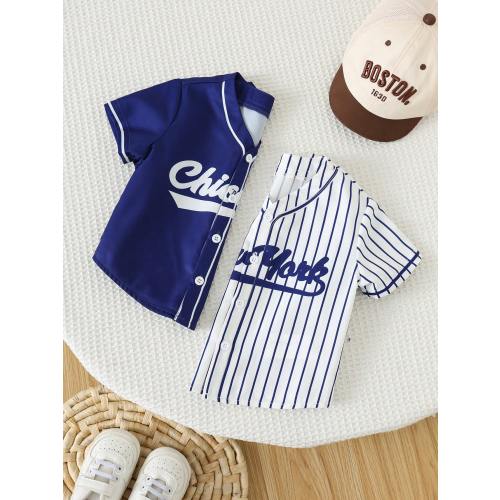 SHEIN 2pcs Baby Boy Unisex Fashion Cute Sports Style Baseball Jacket Short Sleeve Shirt Top Sets,Streetwear,Spring/Summer Clothes Jersey For Babies