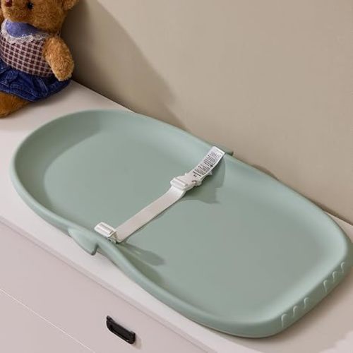 Portable EVA Baby Changing Pad Waterproof Changing Pad for Diaper Changes,Dressing,Baby Massage & Moisturizer Application,Soft & Non-Slip, Adjustable Safety Belt, Penguin Design,Green