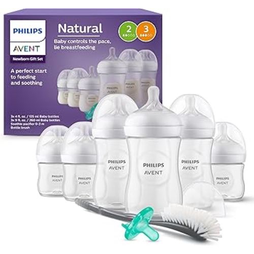 Philips Avent Newborn Gift Set - Bottles with Natural Response Nipples, 3 x 4oz/125ml (Slow Flow Nipples, Flow 2), 3 x 9oz/260ml (Medium Flow Nipples, Flow 3), Soothie 0-3m & Bottle Brush, SCD837/04