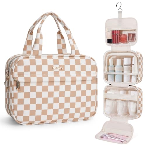 Narwey Hanging Toiletry Bag for Women Checkered Travel Makeup Bag Organizer Cosmetic Make up Toiletries Bag for Travel Essentials Accessories (Light Brown Checkerboard, Medium)