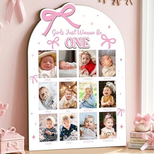 R HORSE My First Year Photo Display Wood Board - Baby’s First Year Picture Frame, 12 Months Milestone Board, 3D Farm Themed Neutral Baby Keepsake Gift One Year Old Birthday Nursery Decor for Girl Boy