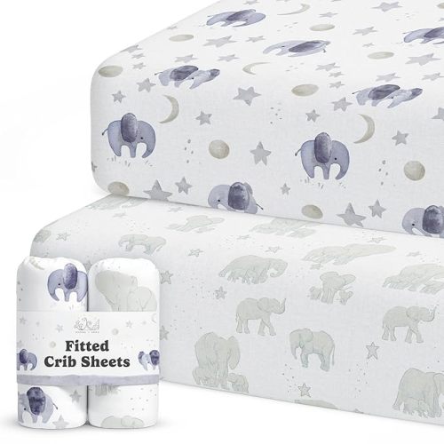 Crib Sheets Neutral - Fitted Baby Crib Sheets Bed for Girl Boy - 2 Pack Standard & Toddler Mattress (Watercolor Elephants) - Buttery Soft Organic Cotton Blend