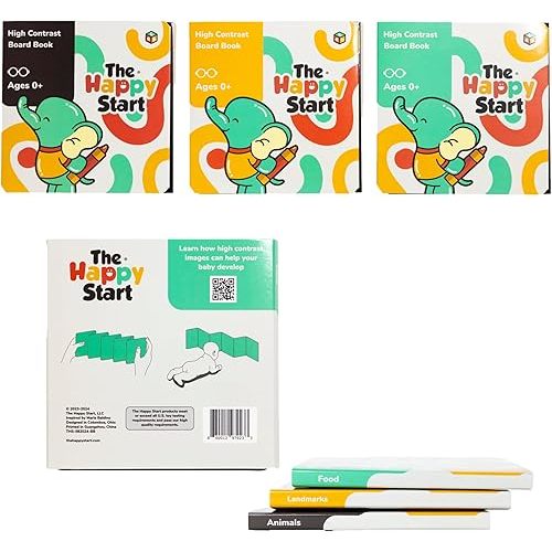 Happy Start High Contrast Board Book: Easy to Clean - Hospital Approved - Stands on Its Own - Tummy Time Toys - Black and White High Contrast Baby Toys - Ages 0+ (English (Pack of 3))