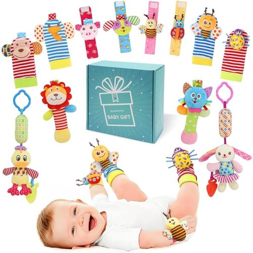 Wrist Rattles Foot Finder Rattle Sock Baby Toy, Hanging Rattle Toy, Hand Bracelet Rattle, Feet Leg Ankle Socks, Activity Rattle Present Gift for Newborn Infant Babies Boy Girl-12pcs A