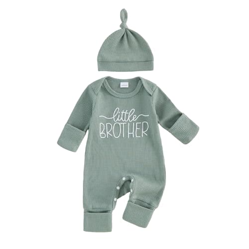 allshope Newborn Baby Boy Fall Outfit Romper Little Brother Lil Bro Long Sleeve Jumpsuit Bodysuit Cute Infant Waffle Clothes