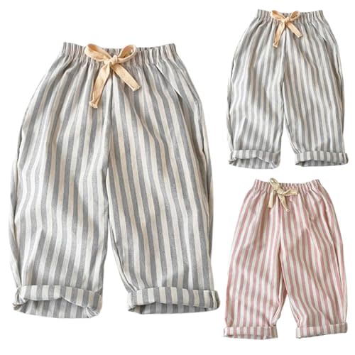 Kids Boys Girls Striped Linen Haram Pants Elastic Waist Baby Toddler Lounge Long Pants Spring Summer Casual Gauze Pants