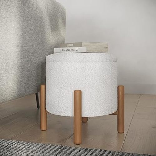 Lavish Home Ottoman-Round Sherpa Footrest or Storage Organizer with Removable Top for Living Room, Dorm, or Apartment, Small, White