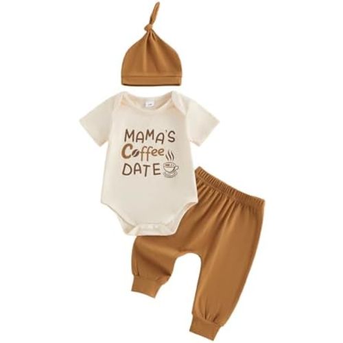 3Pcs Newborn Baby Boy Clothes Mama's Coffee Date Short Sleeve Romper Shirt Pants Hat Set Summer Outfits