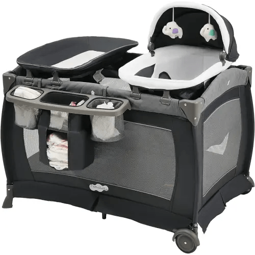 Pamo Babe Playard Portable Playard Foldable Playpen for Baby and Toddler Portable Crib Mattress Diaper Changer for Newborn (Grey)