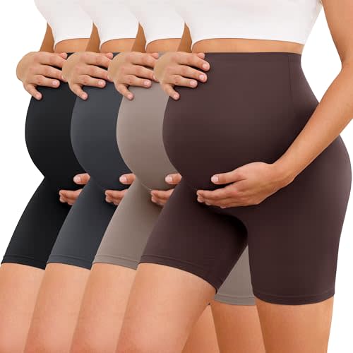 VALANDY Creamlush 4 Pack Maternity Shorts 5"- Over The Belly Soft Stretchy Maternity Biker Shorts for Yoga Workout Lounge