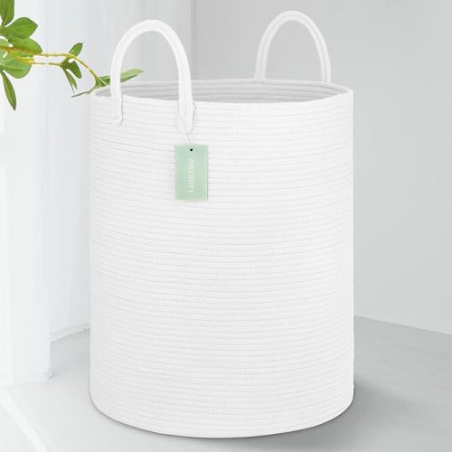 Large Laundry Hamper Basket for Girls Boys Kids 65L, Tall Nursery Hamper with Handles, Woven Blanket Basket for Storage Toys Clothes Towels, 16”x 20”, White