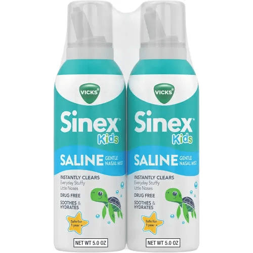Vicks Sinex, Children's Saline Nasal Spray, Drug Free Ultra Fine Mist with Hint of Aloe, Ages 1+, Fast Everyday Stuffy Nose Relief for Kids, Clear Mucus from a Cold or Allergy, 5 OZ x 2