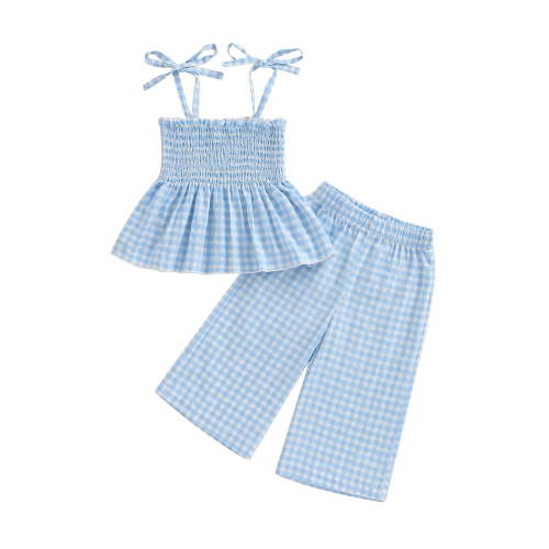 Loicainy Toddler Kids Girl Summer Outfit 6 9 12 18 24 Months 2T 3T 4T 5T Plaid Clothes Bow Sling Ruffle Top Waffle Pants Set
