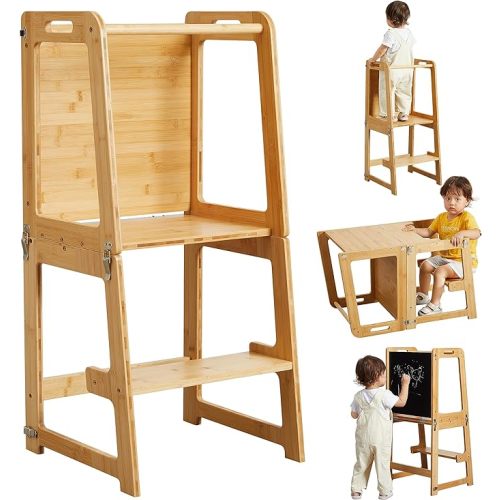 4-in-1 Standing Tower for Toddlers and Kids 1-6 Years, Bamboo Kitchen Learning Helper Stool with Chalkboard, Desk Table, and Chair (Natural)