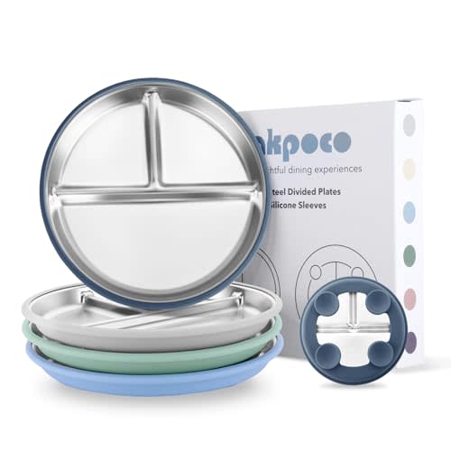 Bakpoco Stainless Steel Suction Plates for Toddlers, 9" Divided Kids Baby Plates with Removable Silicone Suction, Non Toxic Non Slip Portion Control Snack Dishes 4 Packs, Blue Gray Navy Sage
