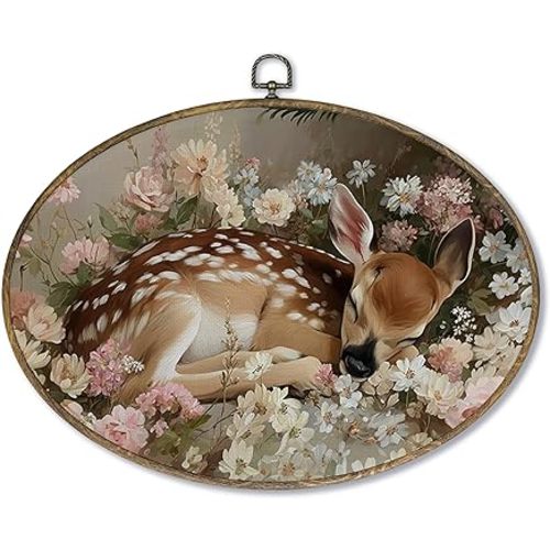 Fewgb Floral Fawn Deer Oval Wall Art Decor Framed, Vintage Cottagecore Cottage Core Canvas Wall Art Prints Picture, Spring Forest Farmhouse Hanging Room Decor for Nursery Bedroom Kids Room 9x12