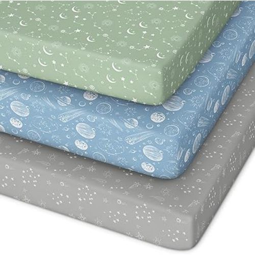Pack and Play Sheets Fitted 3 Pack, Mini Crib Sheets for Pack N Play Mattress Stretchy Portable Playard Sheets, Soft Breathable Green Gray Constellation