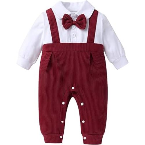 Happy Town Newborn Baby Boy Clothes Infant Gentleman Outfit Bow Tie Romper | Premium cotton blend gentleman romper features a fixed bow tie and bottom snaps